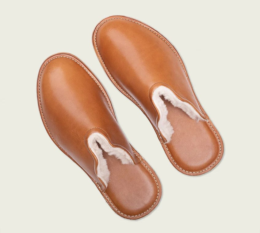 A close-up image of the Mr. Grumpy Sheepskin slipper in tan from WP Standard.