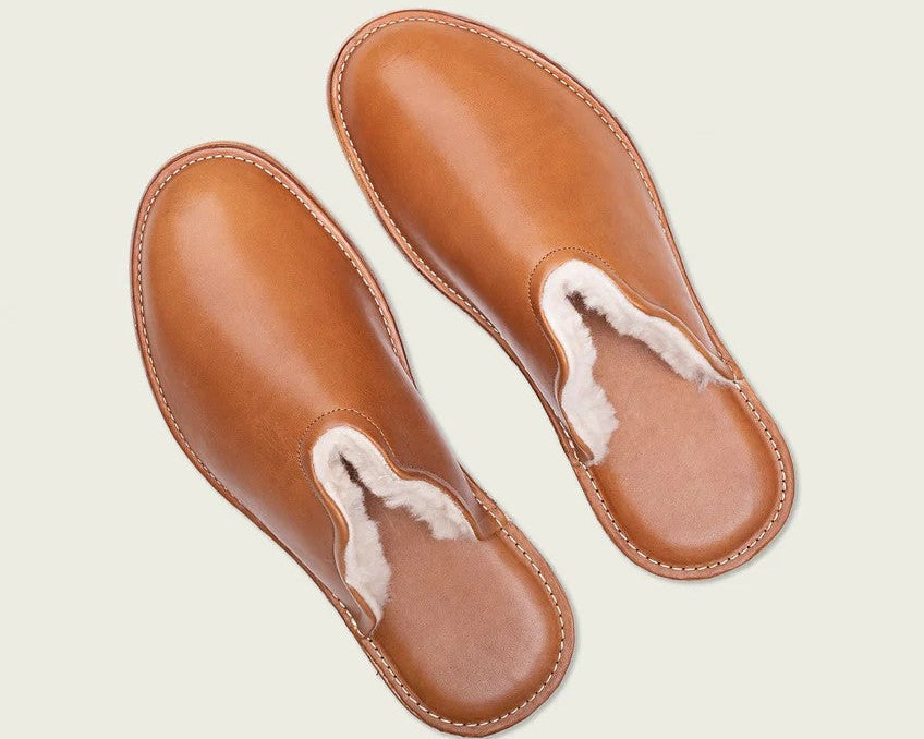 A close-up image of the Mr. Grumpy Sheepskin slipper in tan from WP Standard. 