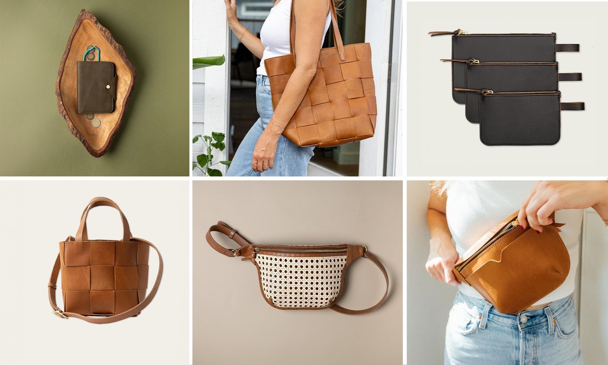 Stylish leather travel essentials, including tote bags, slings, wallets, and pouches in various designs and colors by WP Standard.