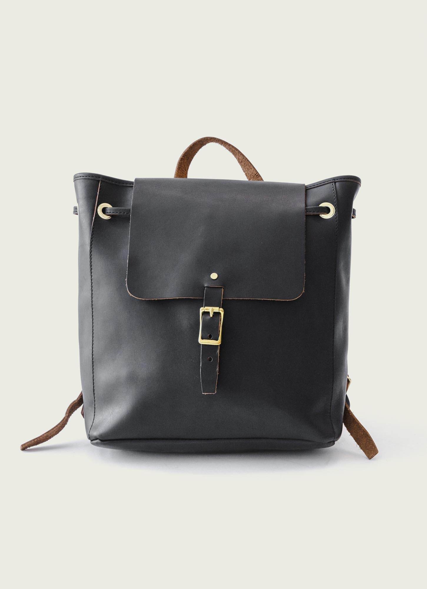 Full-grain leather Midland Backpack in Chocolate color with brass hardware, 13x6x14.