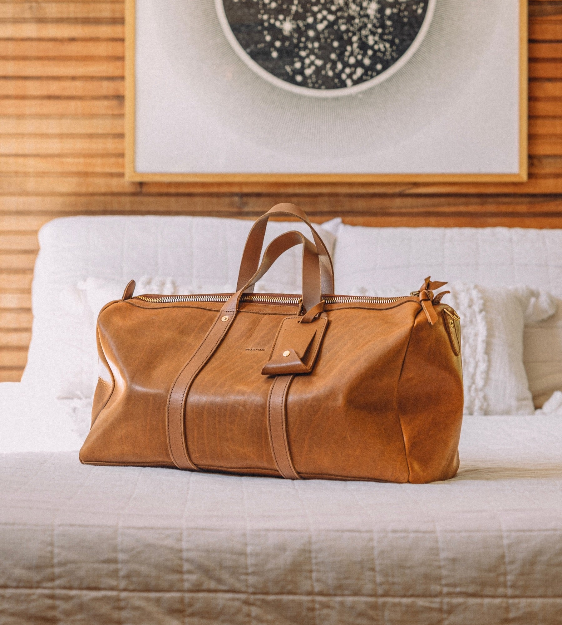 Custom leather tan travel duffle bag