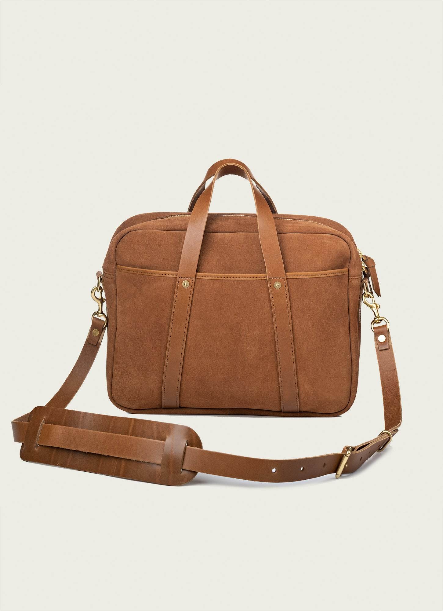 WP Standard rough-out suede Woodward briefcase with top handles and detachable shoulder strap.