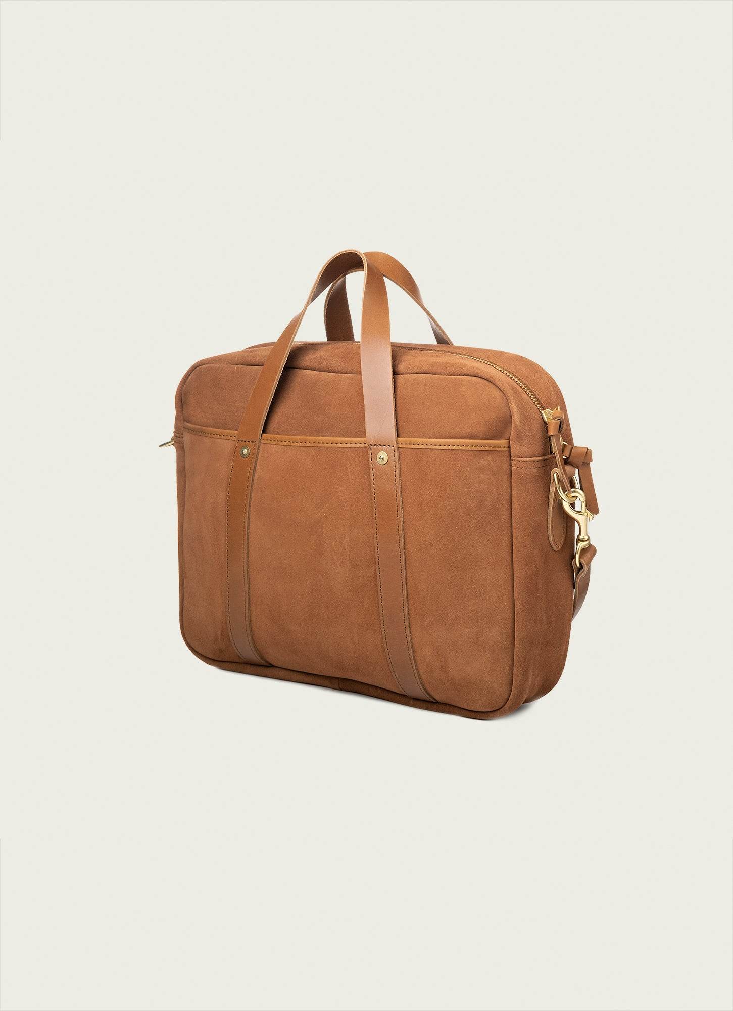 Rugged leather briefcase with a weathered look and structured compartments.